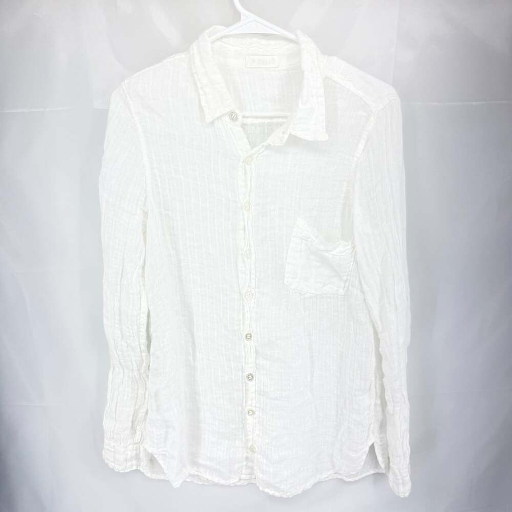 CP Shades Women S Linen Button Down Shirt Lagenlook White 3/4 Roll Tab Sleeve